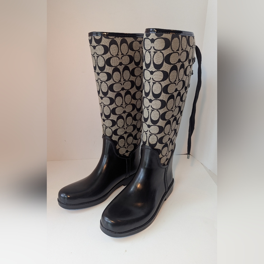 Coach Tristee Signature Black and White Lace Up Rain Boots